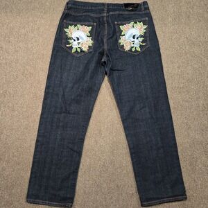 Ed Hardy Men's Skull Rose Embroidered Jeans Dark Denim 40x32 Y2K